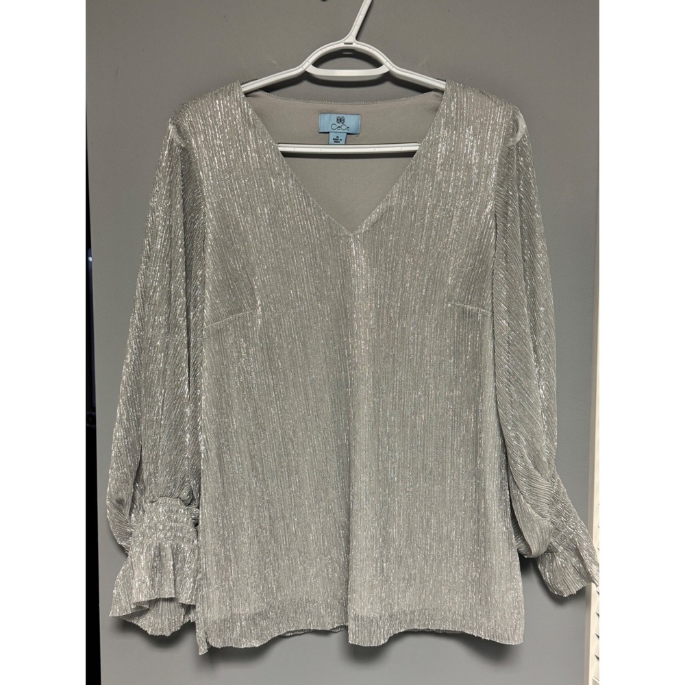 CeCe Silver Metallic Pleated V-Neck Blouse Smocked Ruffle Cuff Top Medium Whimsy